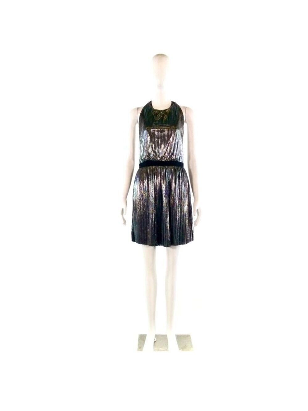 ** Gentle Fawn Loretta Silver Metallic Pleated Halter Mini Dress Size 2 - Picture 2 of 6